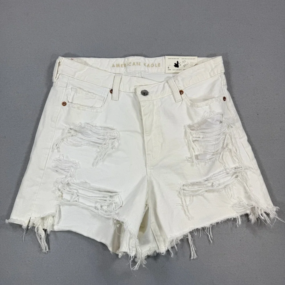 American Eagle Highest Rise Baggy Shorts Womens 8 29W White Distressed Denim NEW
